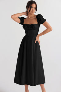 Womens Slimming Elegant Puff-Sleeve Lace-Up Short-Sleeve Dress