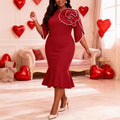 Plus-size Womens Wine-red 3D Floral Dress