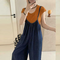 Denim Overalls Suit Loose Large Size Suspenders Jumpsuit Short Sleeve Two Piece Suit