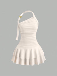 One-Shoulder Halterneck Slimming Waist-Cinching Pleated Skirt Pure And Alluring Versatile Off-Shoulder Dress