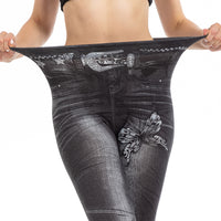 Womens Denim-Look Skinny Pants With Belt And Butterfly Print