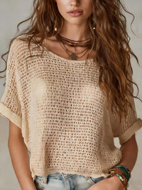 Womens Knitted Solid-Color Short-Sleeve Sweater