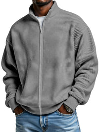 Mens Minimalist Solid-Color Waffle-Weave Stand-Up Collar Zip-Up Jacket
