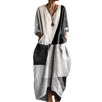 Printed Art Pocket V-Neck Long-Sleeve Dress