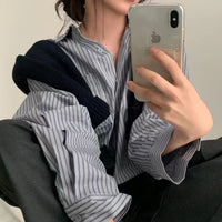 Striped Lapel Drawstring Long-sleeved Shirt Women's Loose Short