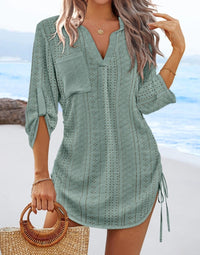 Womens Solid-Color Hollowed-Out Side-Pleated Tie-Detail Dress