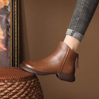 Genuine Leather Retro Western Style Short Boots Women's Autumn Back Zipper
