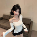 Irregular Diagonal Collar Cold-shoulder Bodycon T-shirt Female Fashion Bottoming Shirt