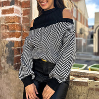 Women's Mid-collar Striped Off-the-shoulder Knitted Sweater