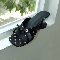 Design-oriented Niche Special-shaped Heel Slippers, Retro Bow Polka Dot Heart Block Heel Square Toe Sandals
