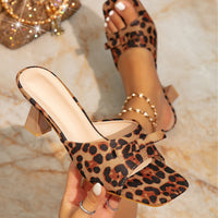 Womens Square-toe, Open-toe Leopard-print Chunky-heel Shoes