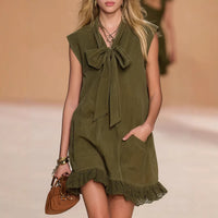 Spring Summer French-style Retro Bow-Knot Resort Dress