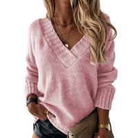 Solid-color Womens V-neck Long-sleeve Pullover Knit Top