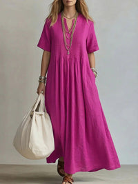 Casual Loose V-Neck Short-Sleeve Pleated Cotton-Linen Dress