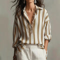 Striped Lapel Collar Loose-Fit Stylish Pullover Womens Blouse