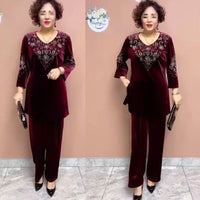 Stylish Gold Velvet Cropped-Sleeve Pants Two-Piece Set