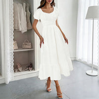 French Retro Bubble Waist A-Line Midi Dress - Flared Skirt Slim Fit Women's Summer Dress