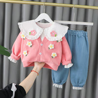Doll Collar Top Cardigan Three Piece Set For Children