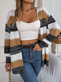 Women Casual Color Block Stripe Lantern Sleeve Cardigan Sweater Coat