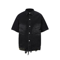 Cut Edge Stitching Leopard Print Denim Short Sleeve
