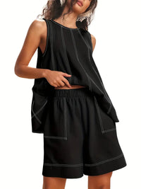 Solid-Color Elegant Crew-Neck Tank Top And Wide-Leg Shorts Set For Women