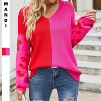Women's Casual Contrast Color Leopard Print V-neck Fashion Pullover Sweater