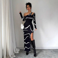 Elegant, Refined Off-shoulder Design Figure-hugging Fit Graffiti Print Asymmetric Long-sleeve Split Dress