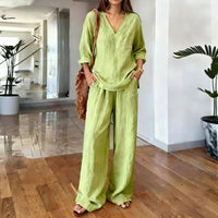 Womens Washed Cotton Multi-Color V-Neck Pullover Long-Sleeve Top And Pants Set