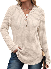 Solid Color And V-neck Button Loose Hooded Fleece Knitted Top