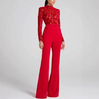 Long-sleeve Belted Jumpsuit With Flared Pants