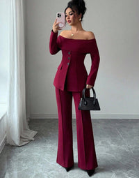 Burgundy Suit Dress For Women French-style Off-shoulder Design With An Elegant High-end Vibe