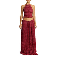 Resort-Style Halterneck Pleated Cami Top & Midi Skirt Two-Piece Set For Women