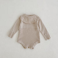 Spring And Autumn Infant And Toddler Knitted Bodysuit Lotus Collar Girl Baby Thin Woolen Long Sleeve Triangle Romper Creeper