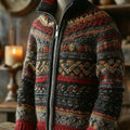 Christmas 3D-printed Chunky-knit Fabric Zip-up Sweater