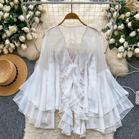 Ruffled Trim Single-Breasted Flared Sleeve Womens Chiffon Blouse