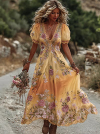Retro Bohemian Rose Embroidered Linen Loose-Fit Long Dress