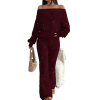 Sequined Off-the-Shoulder Long Solid-Color Womens Suit
