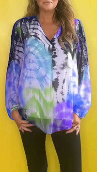Casual Tie-dye Printing Multicolor V-neck Shirt