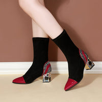 Chunky Heel Ankle Boots Pointed Toe Rhinestone Simple Zipper Casual