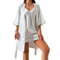 V-neck Long Slip Nightdress Two-piece Set Simple Artificial Silk
