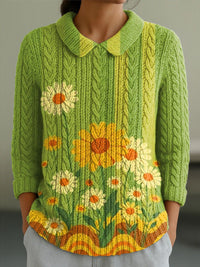 Autumn And Winter New Women's Doll Collar Knitted Jacquard Fabric French Retro Printed Top