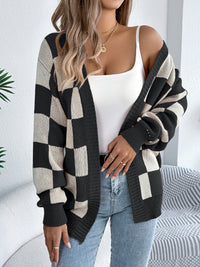 Color Block Plaid Lantern Sleeve Cardigan Sweater Mid-Length Coat