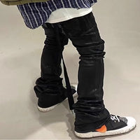 Leather Pants Men's Slim Jeans With Pleated Accumulation