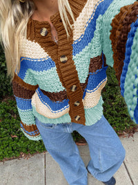 Ladies Striped Thick Needle Button Cardigan Sweater