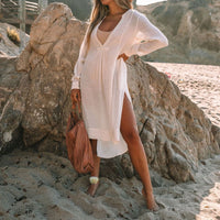 Influencer-style Long-sleeve Long Shirt Dress With Side Pockets