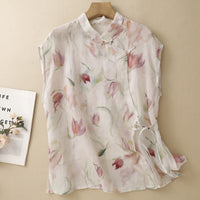 Real-shot In-stock Artistic Cotton-linen Printed Sheer Blouse Vintage Lightweight And Cool-chic Top