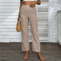 Summer European And American Style Cotton-Linen High-Waist Solid Color Cropped Straight Pants For Women