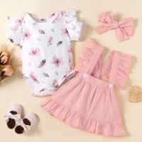Flower Printed Short Sleeved Top With Straps Skirt Headwear Three Piece Set
