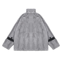 Pocket Color Contrast Patchwork Pu Lamb Wool Stand Collar Coat