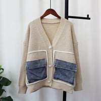 Denim Pocket Knitted Cardigan Loose Design Temperament Versatile Sweater Coat